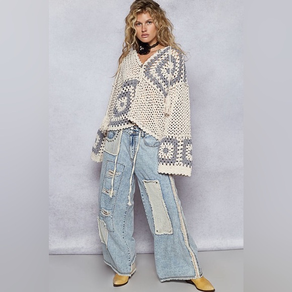 🌻 POL “ Shoreline Chenille “ Granny Square Cardigan Hoodie | Cream - Picture 3 of 5